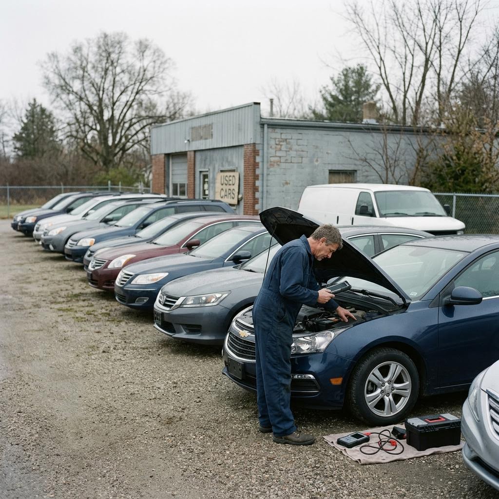 A mobile technician inspecting a used vehicle on a dealership lot